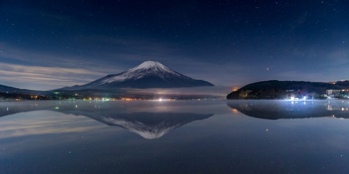 Japan, landscape, lights, Mount Fuji, night, lake, nature, reflection ...