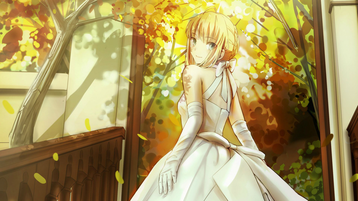 Saber in a white dress with yellow leaves