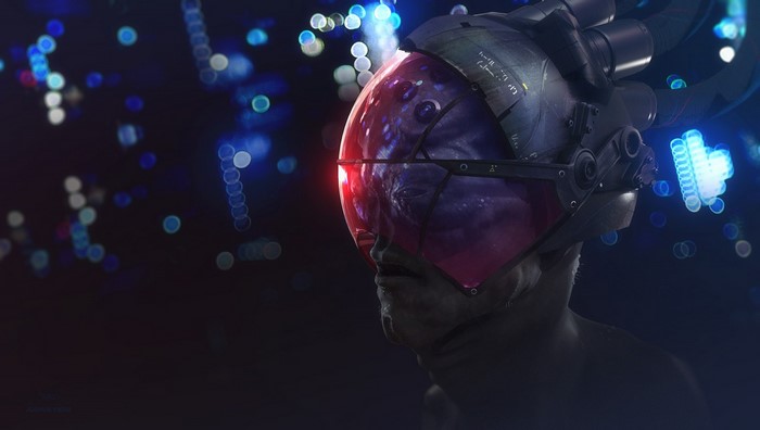 Alien in futuristic helmet with city lights
