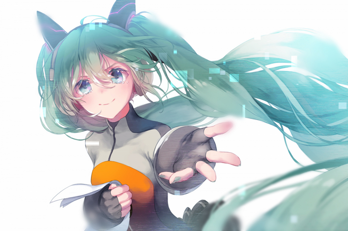 Hatsune Miku reaching out with digital elements