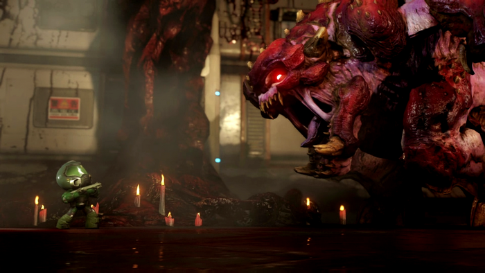 Doom Slayer and a demon in a dark room with candles