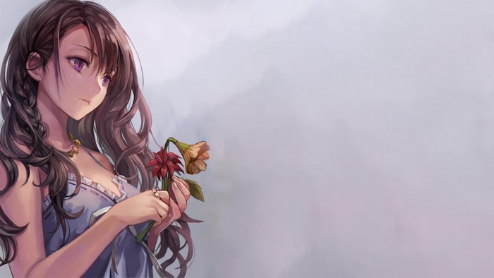 Anime girl with purple eyes holding flowers