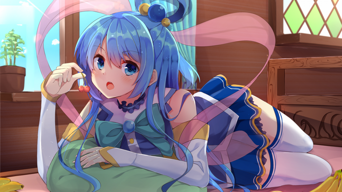 Aqua from Kono Subarashii Sekai ni Shukufuku wo eating cherries
