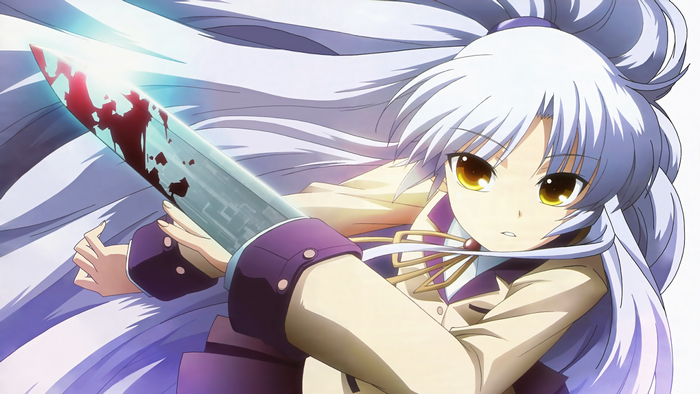 Kanade Tachibana from Angel Beats holding a bloody sword