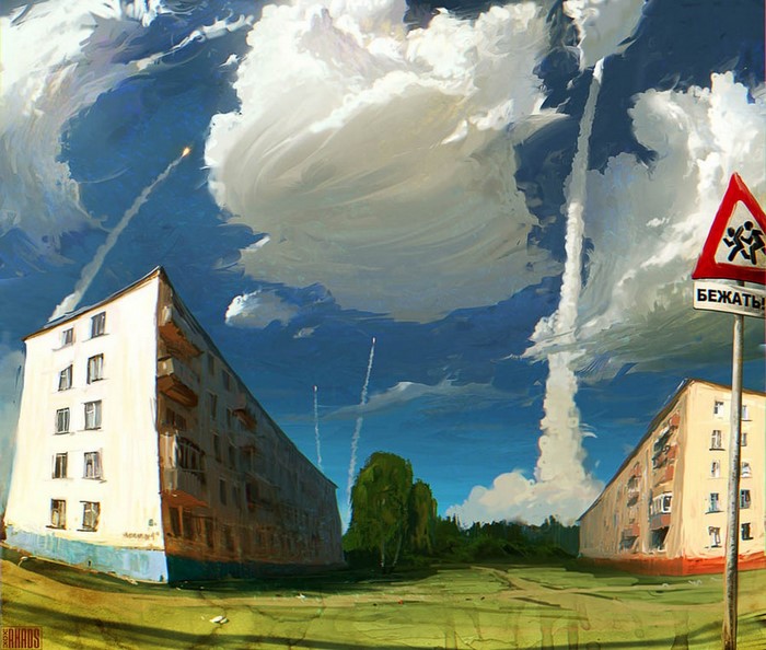 Apocalyptic landscape with missiles and a warning sign