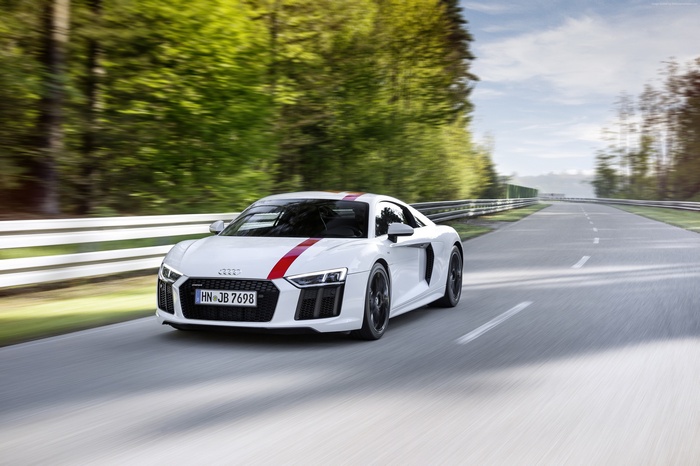 White Audi R8 V10 RWS with Red Stripes on Track