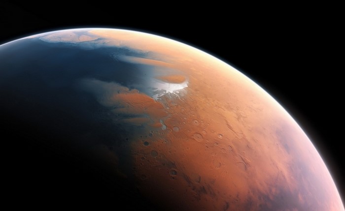 Mars planet surface with ice caps and atmosphere