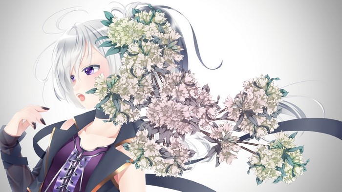 Anime girl with white hair and flowers