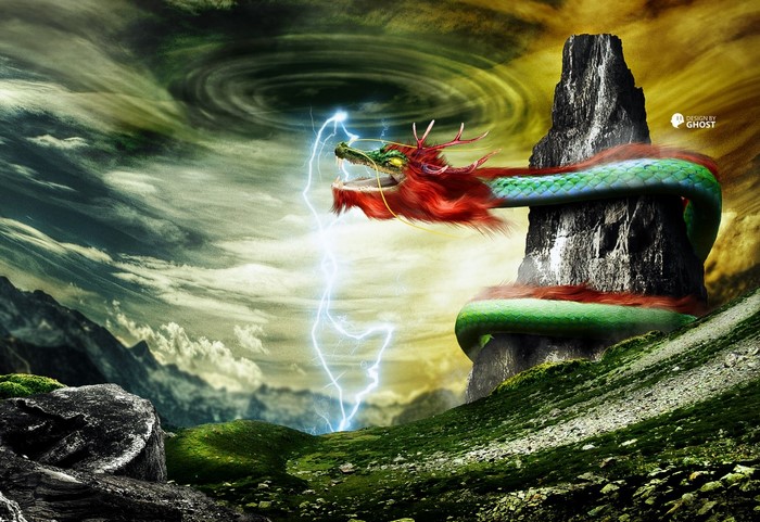 Dragon wrapped around a rock with lightning