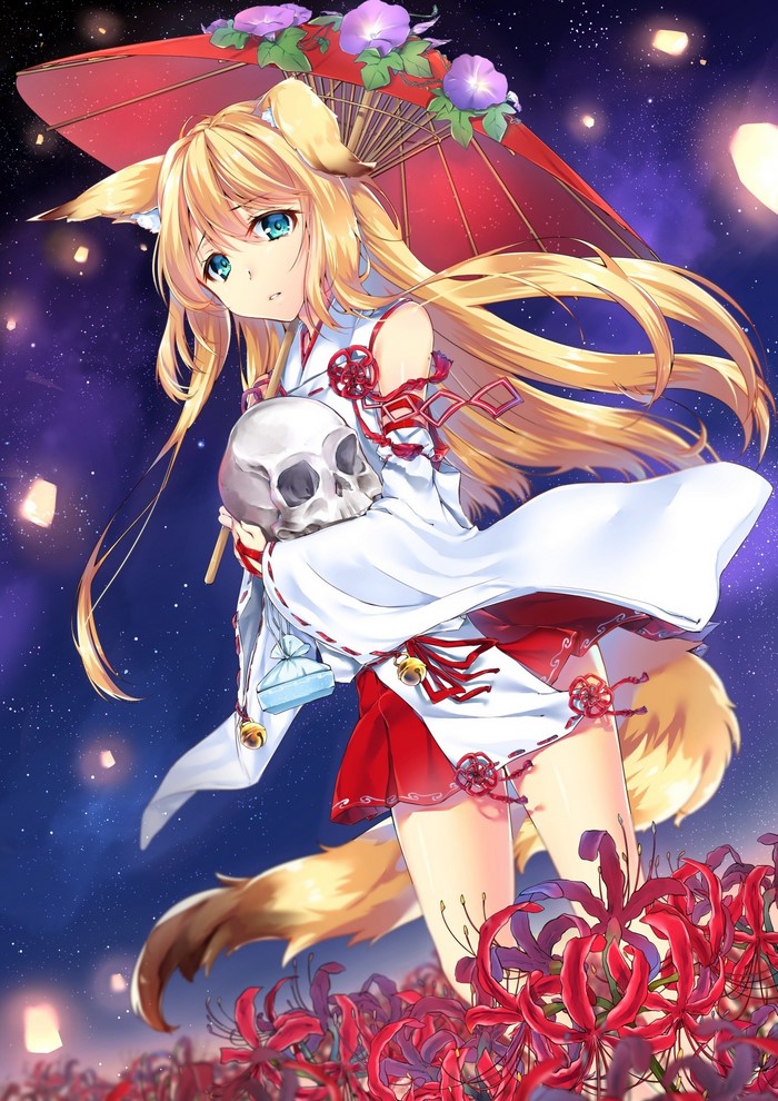 Anime girl with fox ears and tail holding a skull
