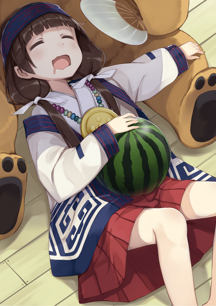 Anime girl with watermelon and bear costume