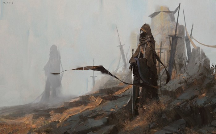 Two hooded figures stand amidst swords and ruins
