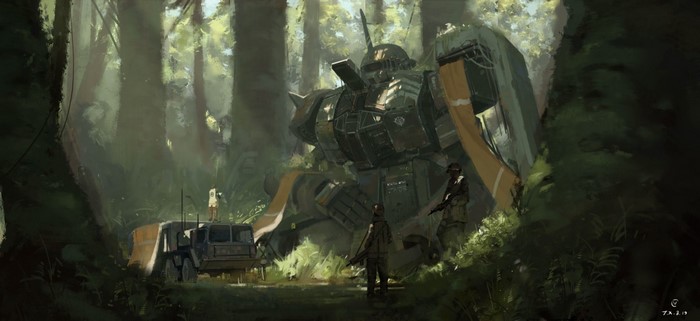 Giant robot in a jungle with soldiers and a vehicle