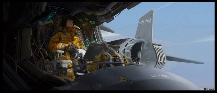 Pilot in a futuristic aircraft cockpit