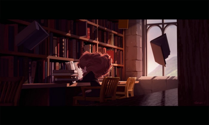 Hermione Granger studying in a library