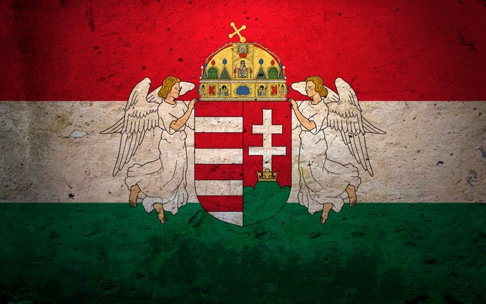 Hungarian flag with coat of arms and angels