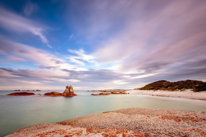 Coastal landscape with rock formations at sunset
