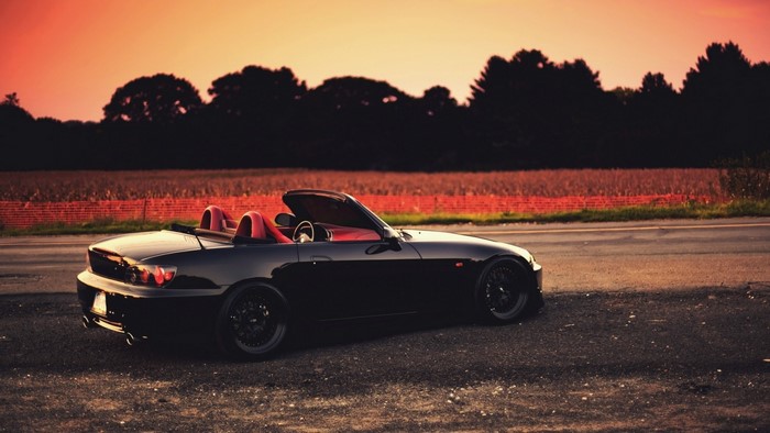 Black Honda S2000 Convertible Sports Car at Sunset