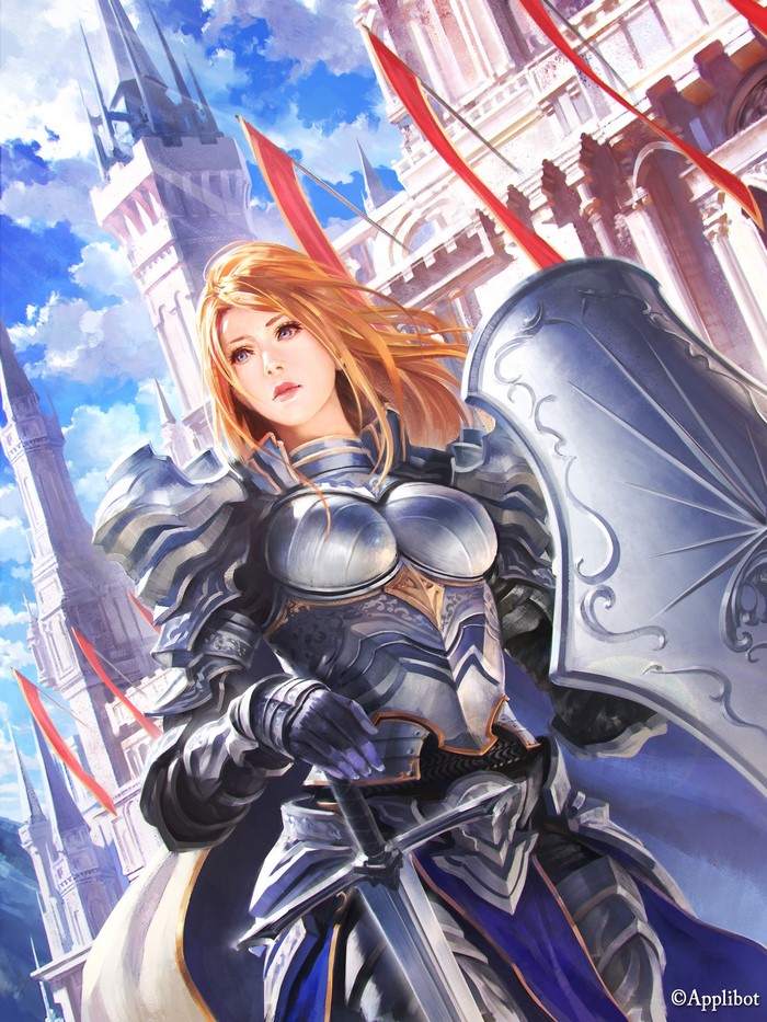 Anime knight girl with sword and shield in front of castle