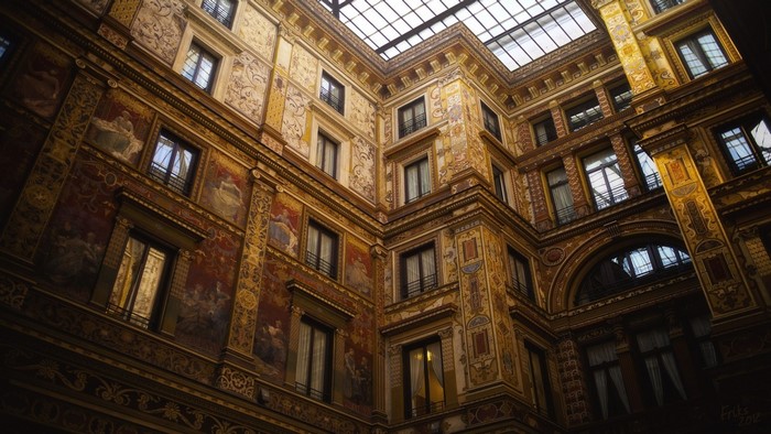 Courtyard of a painted building in Rome, Italy