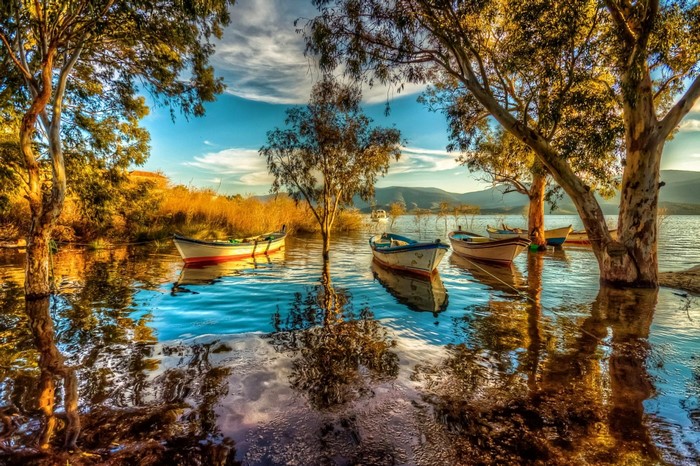 Boats on a calm lake with reflections of trees and sky