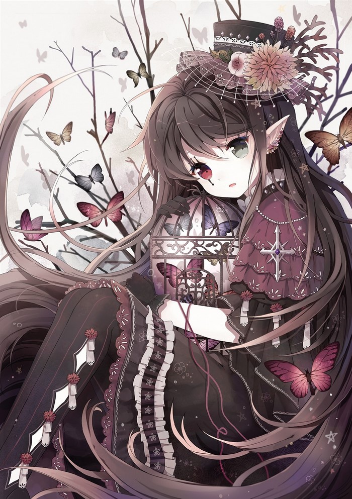 Anime girl with heterochromia and pointed ears holding a butterfly cage