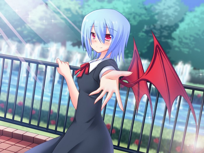 Anime girl with blue hair and red wings