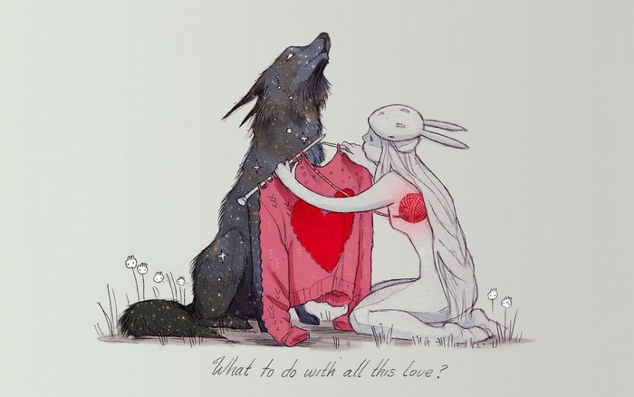 Wolf and Girl Knitting a Sweater with a Heart