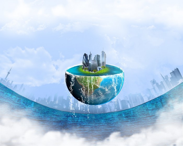 Floating Earth city with skyscrapers over ocean waves