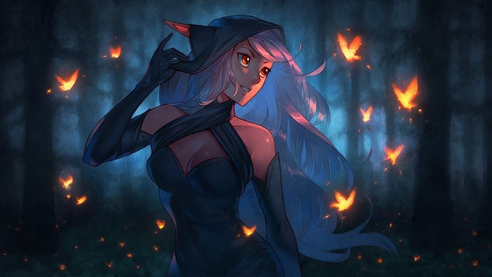 Anime girl with red eyes in a dark forest with butterflies