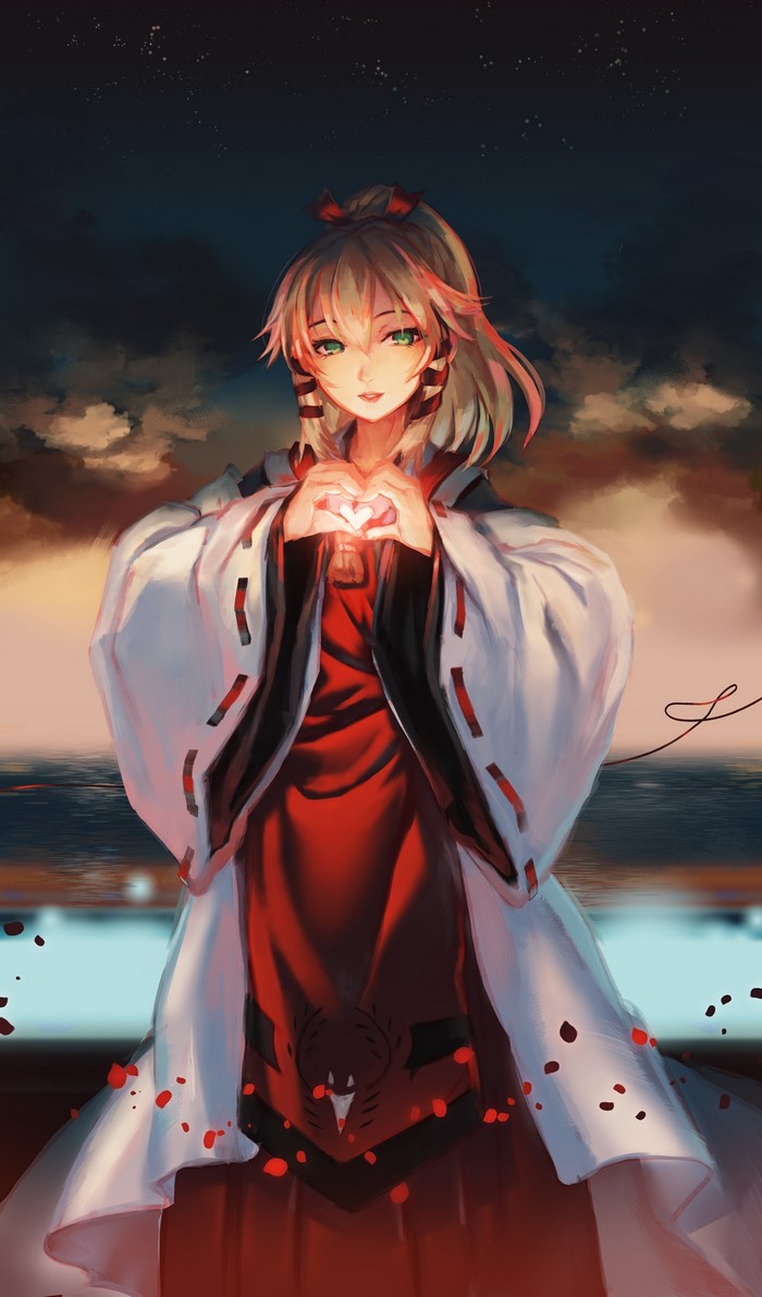 Anime girl with heart hands by the sea at night