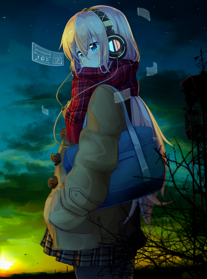 Anime girl with headphones and scarf at sunset