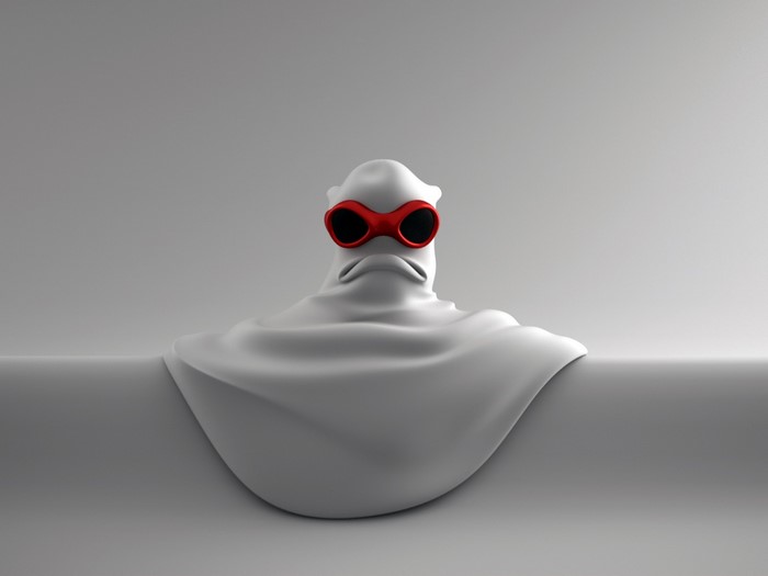 White abstract sculpture with red goggles