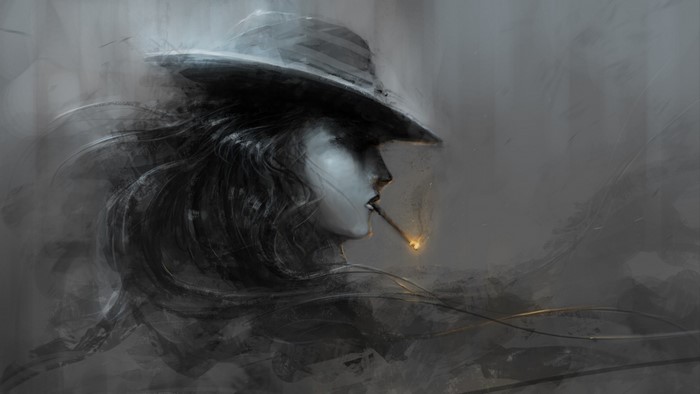 Woman in hat smoking a cigar, abstract monochrome artwork