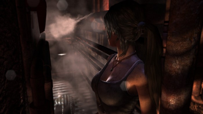 Lara Croft from Tomb Raider in a dark, steamy environment