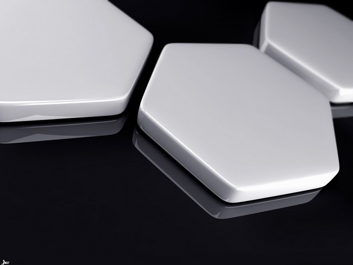 Abstract white hexagons on black reflective surface