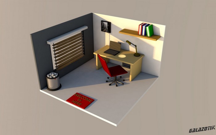 3D isometric office with desk, chair, and window