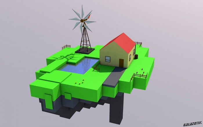 Low poly floating island with house and windmill