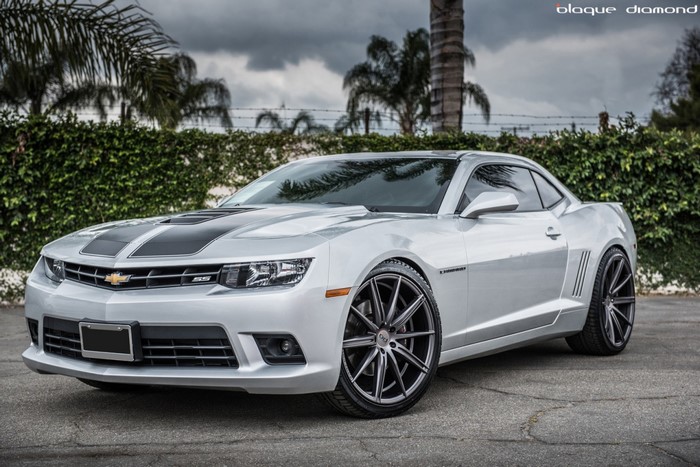 Silver Chevrolet Camaro SS with black racing stripes