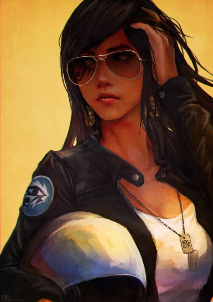Pharah from Overwatch holding a helmet
