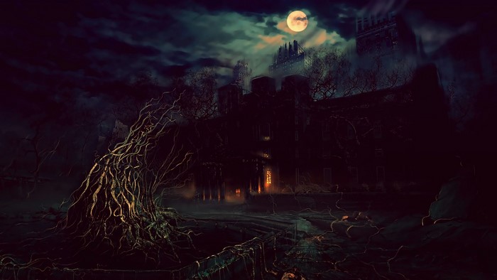 Haunted mansion with gnarled trees under a full moon