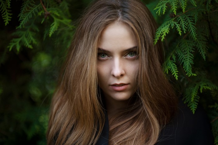 Portrait of a woman with long brown hair in a forest