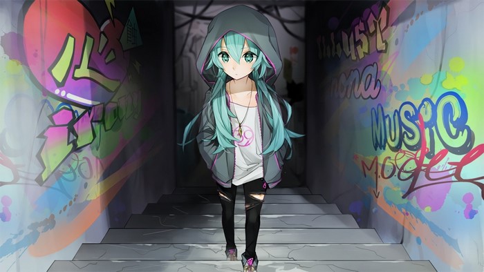 Hatsune Miku in a hoodie with graffiti art