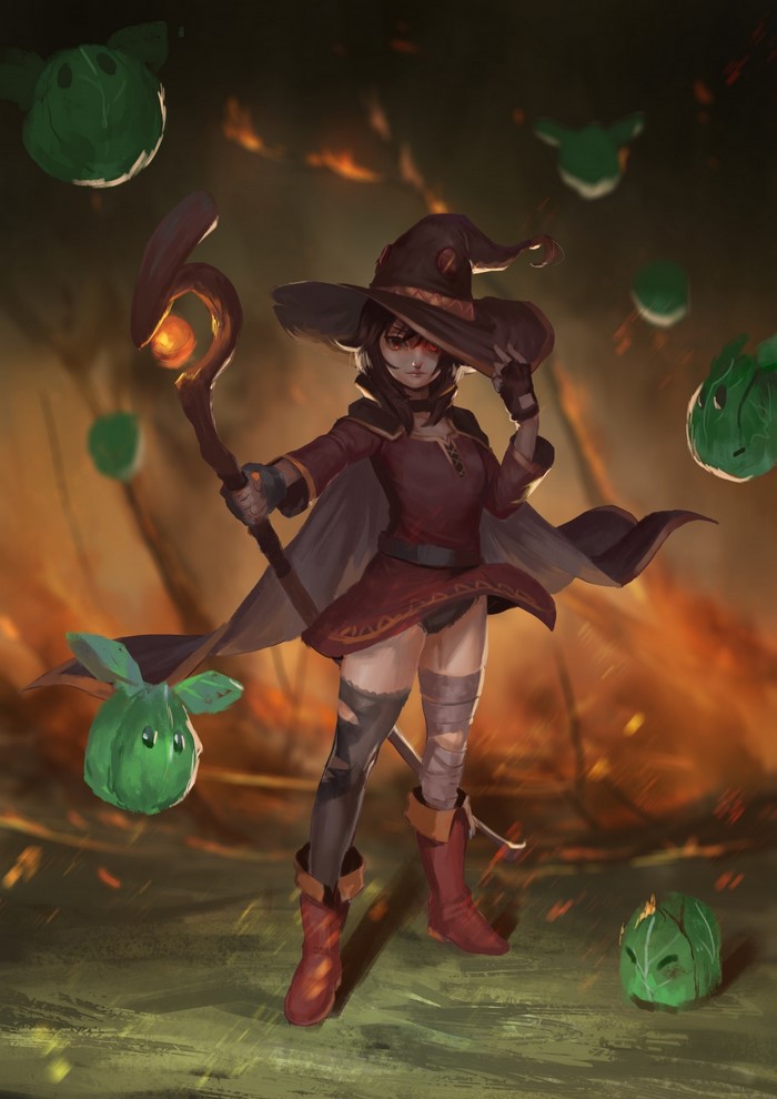 Megumin from Konosuba with exploding cabbage creatures