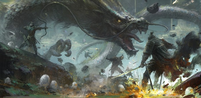 Warriors battle a giant dragon in a fantasy landscape