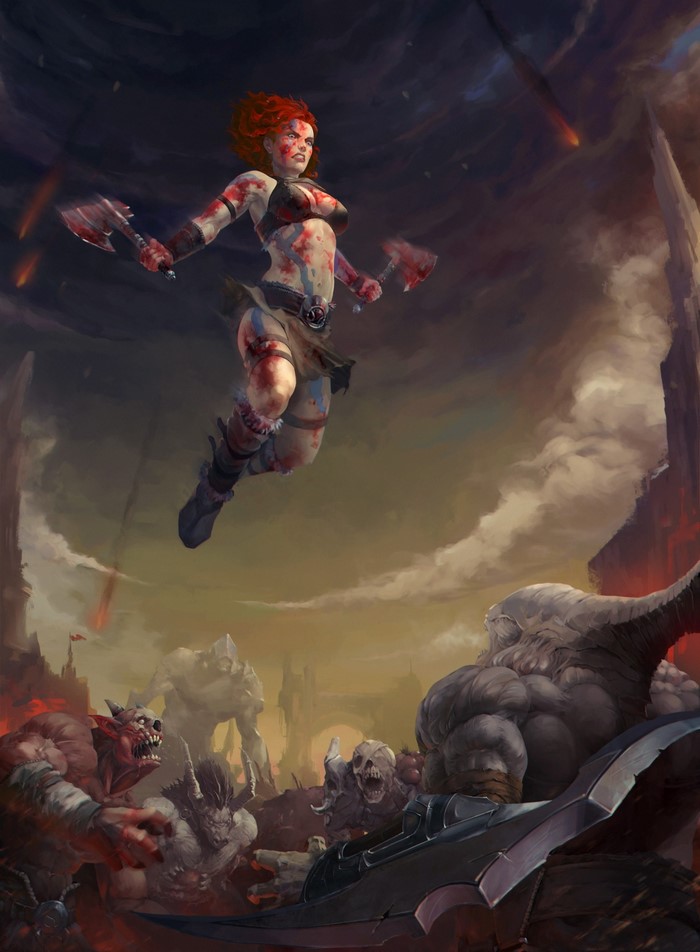 Bloody female warrior with axes fighting monsters
