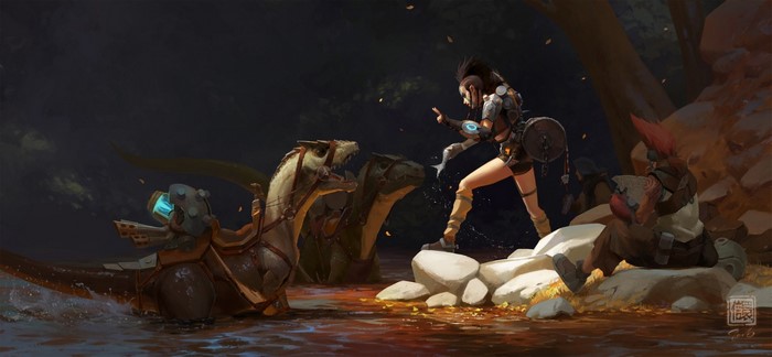 Fantasy art of people with dinosaurs in a forest