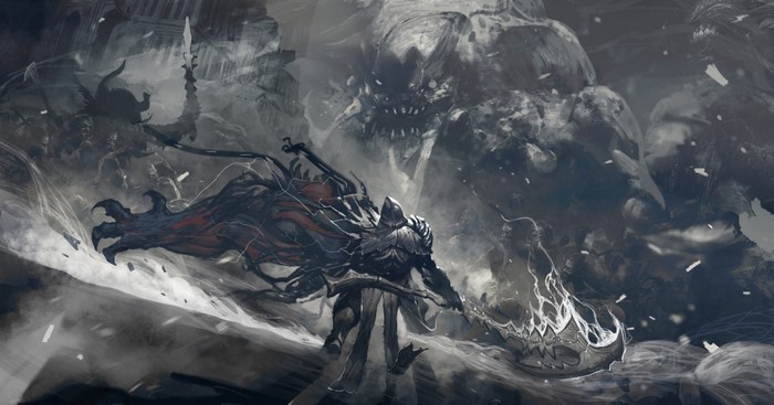 Fantasy warrior with scythe facing a giant monster