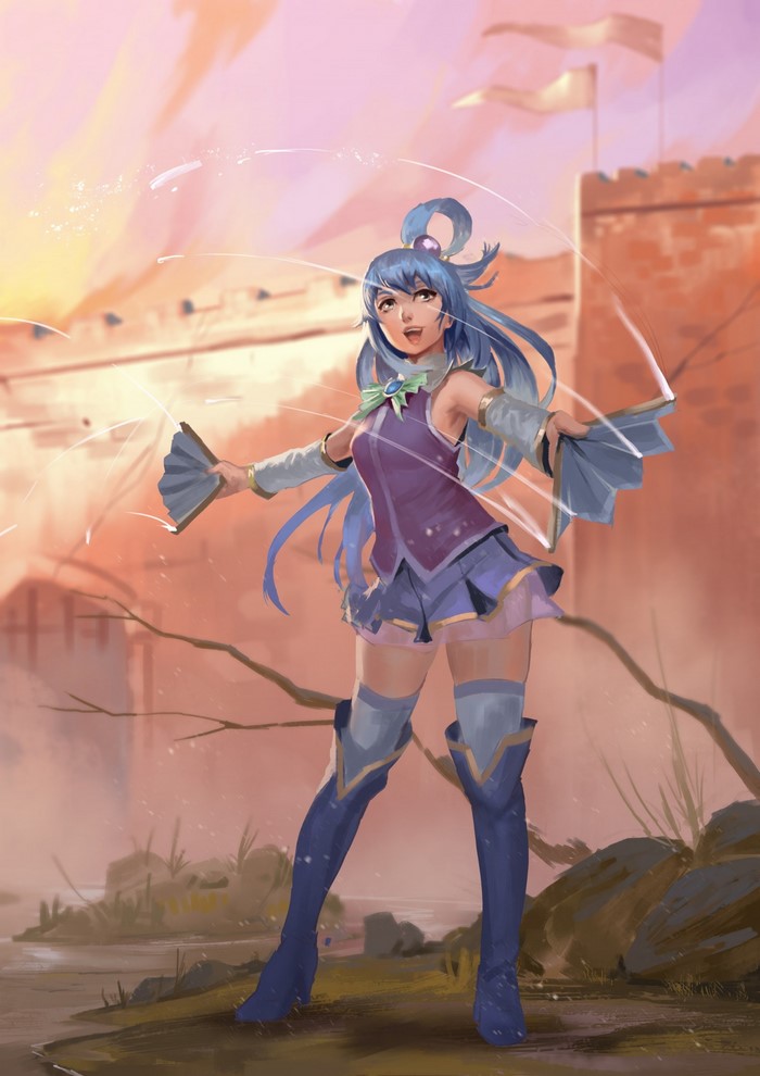 Aqua from KonoSuba in front of a castle