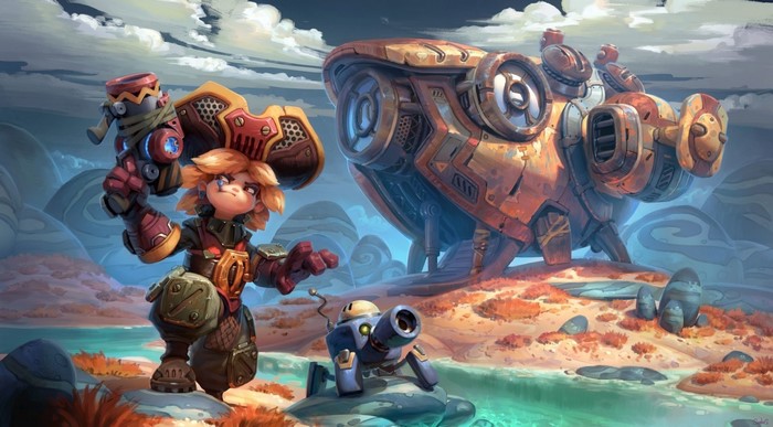Fantasy art of a girl with a robot and a large machine